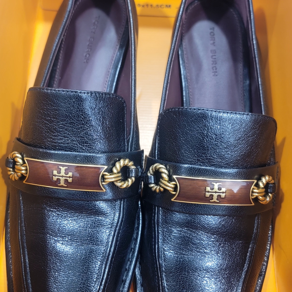 Tory Burch Black Leather Loafers with Gold Accent